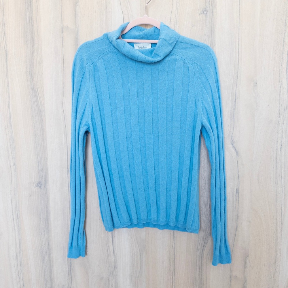 Vintage Neiman Marcus Women Cashmere Silk Sweater L Blue Ribbed Old Money Preppy
